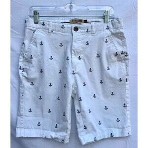 Hudson & Barrow Anchor Print Shorts Men’s Size 30 White Nautical Chino Flat Fron